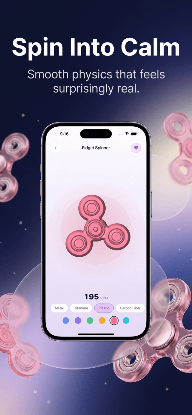 Brexa's Fidget Spinner experience showing live RPM, and material and color options for the spinner.